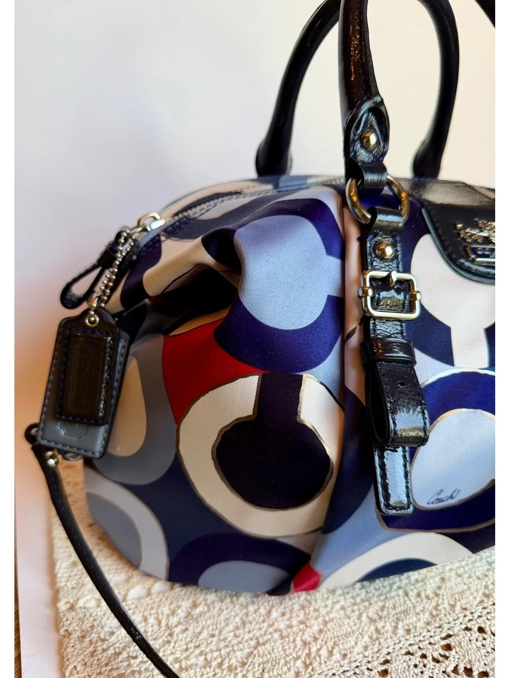 Coach 21233 Kristin Op Art Satin Satchel Crossbody Bag Blue Red Patent Leather